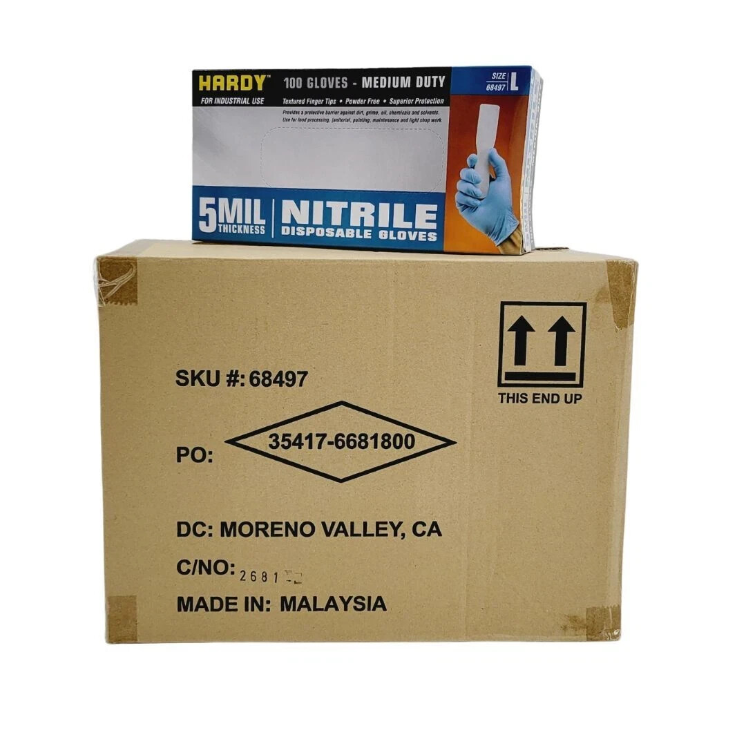 Hardy 68497 5MIL Nitrile Gloves Medium Duty Case of 10 Boxes Large Size