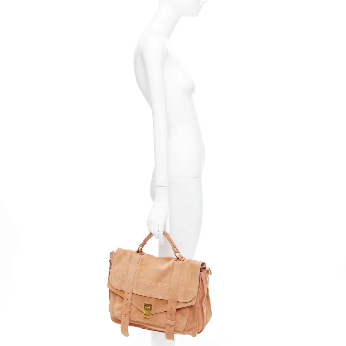 PROENZA SCHOULER PS1 beige suede gold buckle top handle crossbody 