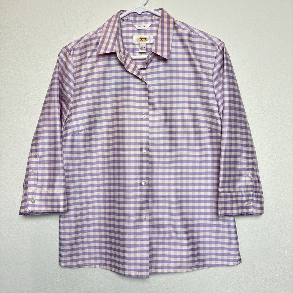 Talbots Pure Silk Blouse Womens SZ lavender Purple White Check