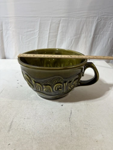 Vintage 1970 McCoy Green Ceramic Snack Bowl/coffee Cup Rare 10in W/handle