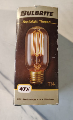 Bulbrite 40W 120V T14 Nostalgic Thread Decorative Bulb, Medium Base