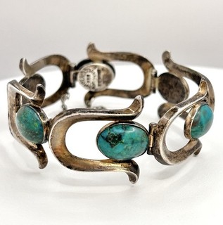 Sterling Silver Navajo Turquoise Old Pawn Sand Cast Naja Bracelet 6.25” 46.7g