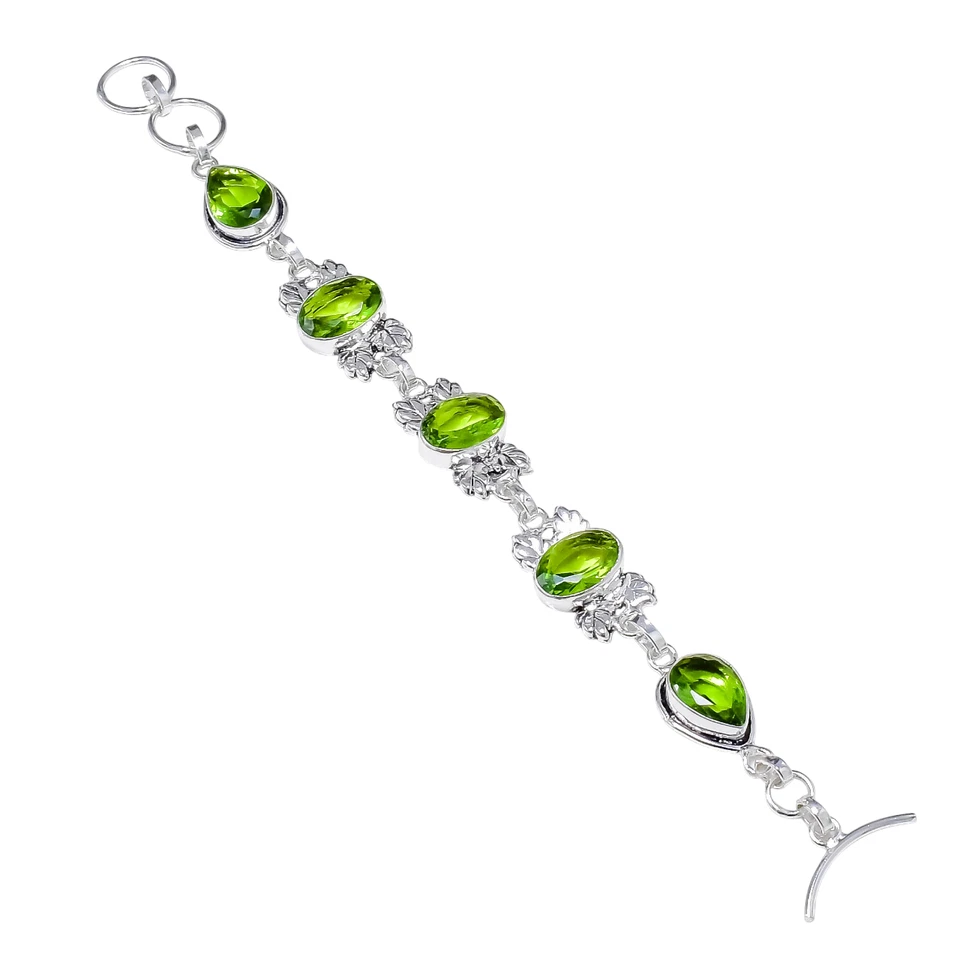 Green Peridot Gemstone Handmade 925 Sterling Silver Jewelry Chain Bracelet - Image 2 of 4