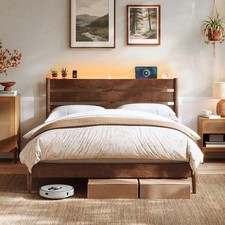 Queen Bed Frame with Headboard, LED Lights  Charging Station, Solid Wood Leg...