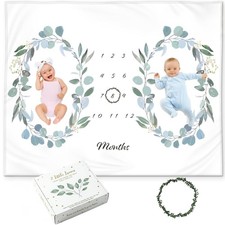 Twins Baby Monthly Milestone Blanket – Soft Fleece Month Blanket – Eucalyptus...