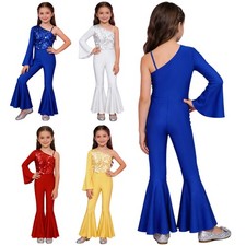 Kids Girls Costume Jazz Sequin Bell Bottom Disco Jazz Dancewear Shiny Leotard