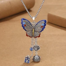 Vintage Cloisonné Butterfly Pendant Necklace Ethnic Long Chain Jewelry for Women