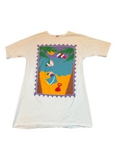 Vintage 90s Beach Cover-Up Sleep Shirt Ocean Stamp Made in USA Women  s One Size
