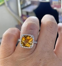 11mm Cushion Cut Lab Created Citrine Halo Engagement Ring 14K White Gold Plated