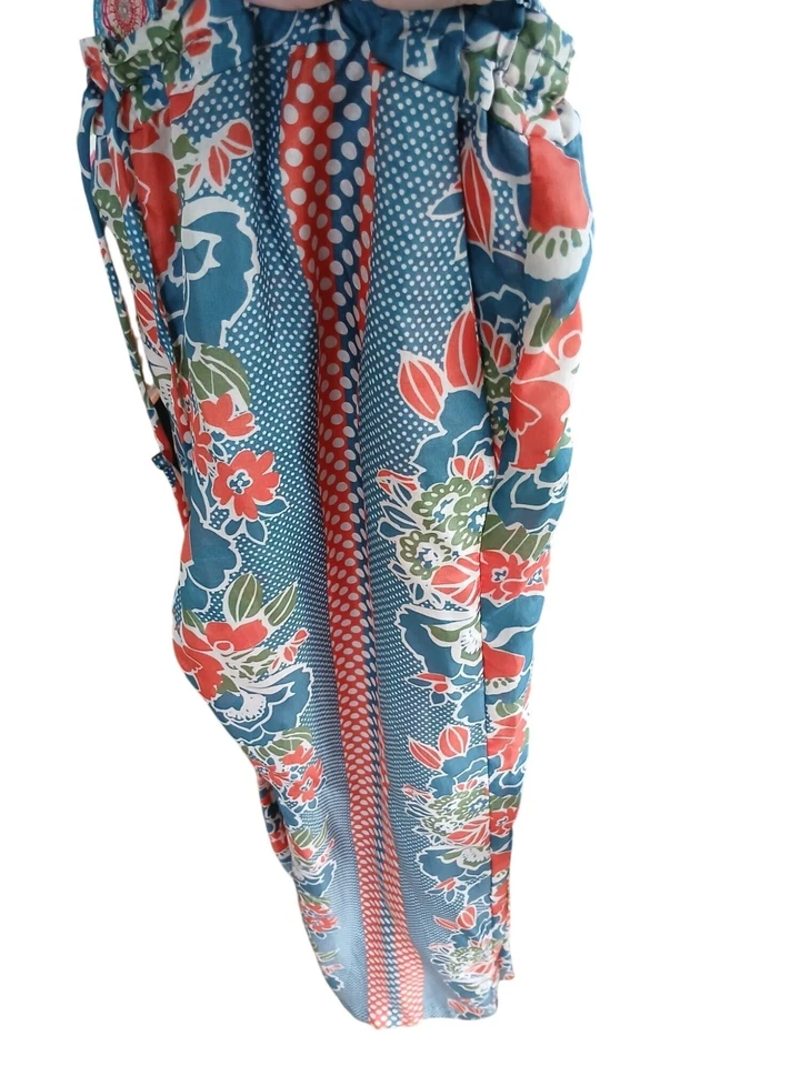 Calça Johnny Was floral bolinhas e flores cordão de seda azul/laranja tamanho M - Imagem 4 de 4