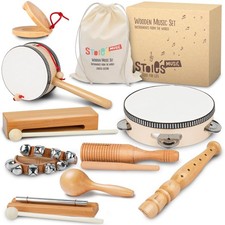 Wooden Toddler Musical Instruments with Drum, Hand Bells, Flute, Maracas, Cas...