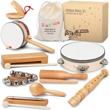 Wooden Toddler Musical Instruments with Drum, Hand Bells, Flute, Maracas, Cas...