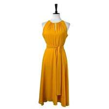Tahari Petite Midi Dress Keyhole Halter Neck High Low Hem Yellow Women’s Size 6P