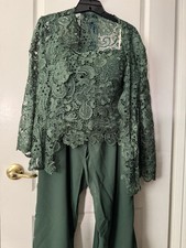 NWT LAN Ting Elegant 3pc Chiffon  Lace Mother Of The Bride/son Pants Suit Green