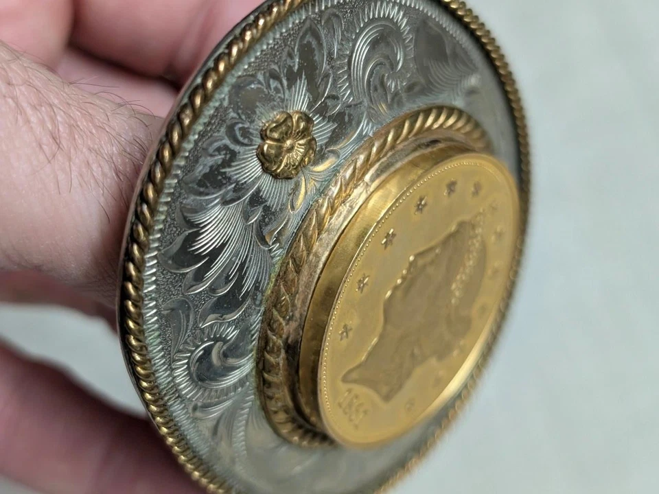 1861 vintage MORGAN gold coin MONTANA SILVERSMITHS belt buckle 20 dollar WESTERN - Image 3 of 4