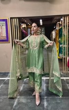 Chinon Silk Sage Green Salwar Kameez With Dupatta For Indian Party Wear