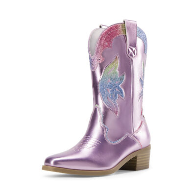 Kids Cowgirl Boots Vintage Western Boots Side Zip PU Leather Mid Calf Boots