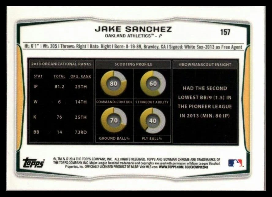 2014 BOWMAN CHROME MINI #157 JAKE SANCHEZ OAKLAND ATHLETICS - Image 2 of 2