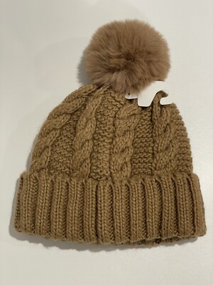MICHAEL KORS Faux Fur Cable Knit Fleece Lined Beanie Pom Pom  display picture 2