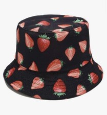 Reversible Black Red Strawberry Printed Summer Sun Beach Bucket Hat NWOT 