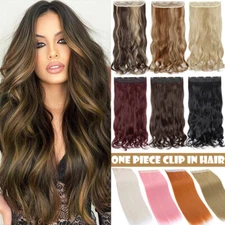 US Clip in Long Wavy Synthetic Hair Extension One Piece 3/4 Full Head Highlight