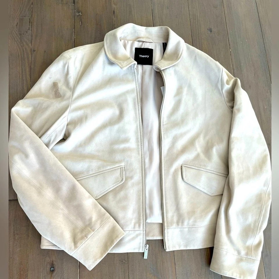 PVP US$795 Theory Mujer Chaqueta Corta Cremallera en Gamuza Arena Nueva con Etiquetas Foto 3 de 4