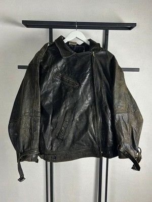 2000s Vintage Distressed Leather Moto Jacket Black Biker Grunge Oversized Coat