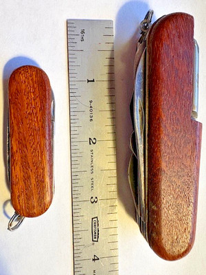 Wooden Handle Knives- one multittool and one small blade, file and scissor knife