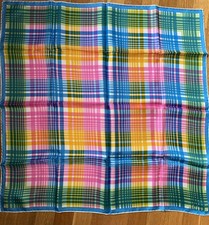 Vintage Mod Plaid Silk Scarf by Echo Pink Blue Yellow Green Bright Pattern