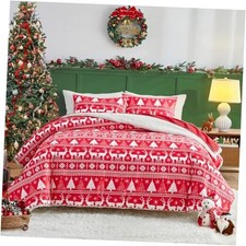 3pcs Fluffly Velvet Sherpa Comforter Set, Queen- 88"x88" Reindeer Red