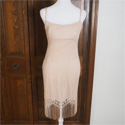 VTG 90's Babydoll Dress Sz Medium Crochet Metallic Mesh Overlay Fringe City Tri - Image 1 of 4