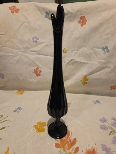 Vintage Fenton Thumbprint Black Glass Pedestal Swung 12.75”  Bud Vase