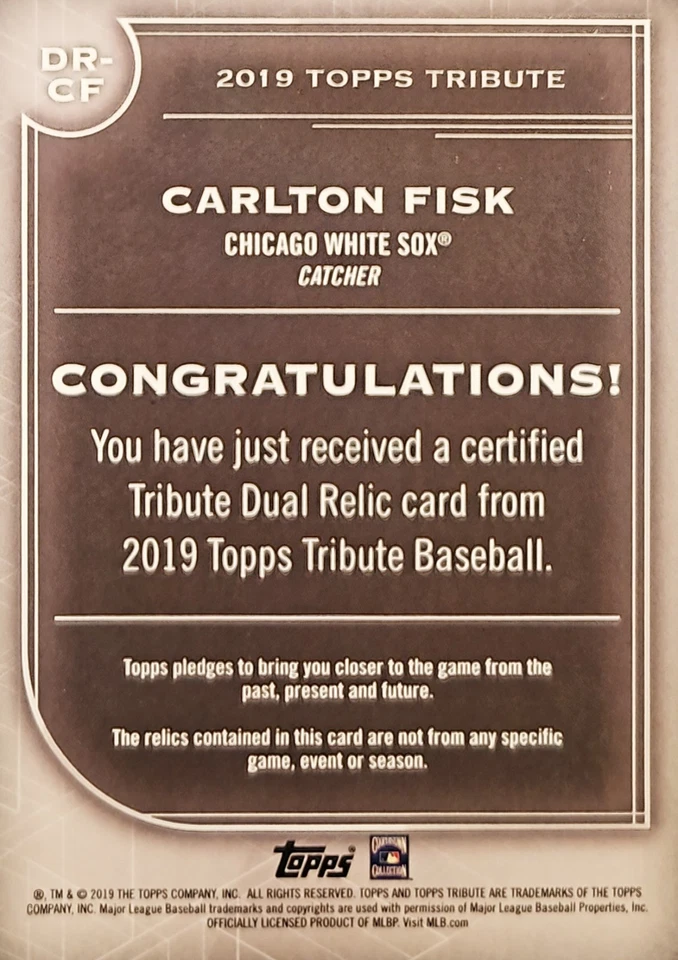 2019 Topps Tribute Carlton Fisk DUAL RELIC PURPLE PARALLEL #/50 💥 White Sox HOF - Image 2 of 3