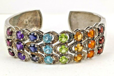 STERLING SILVER Elegant Multi Color SAPPHIRE Gemstone Hinged Cuff Bracelet 7.25"