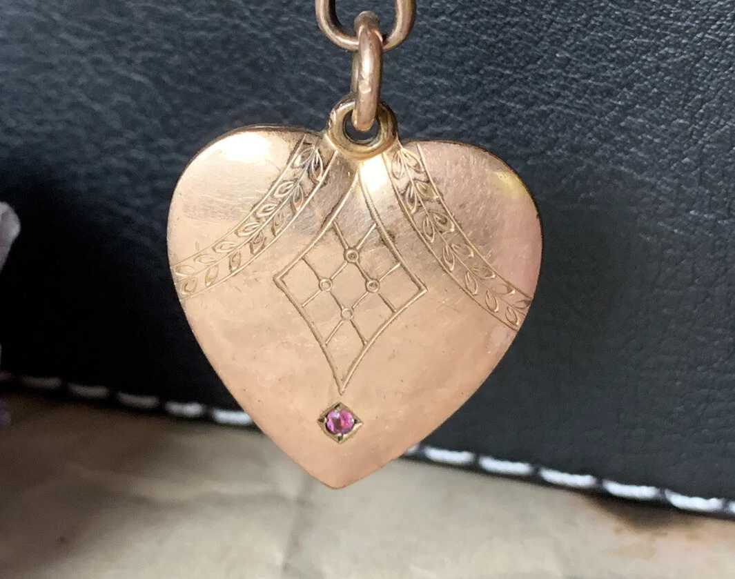 Antique Gold Ornate Engraved Ruby Heart Victorian Locket Pendant