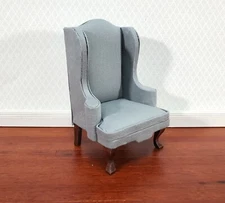Dollhouse Arm Chair Wing Back Gray Fabric 1:12 Scale Miniature Furniture