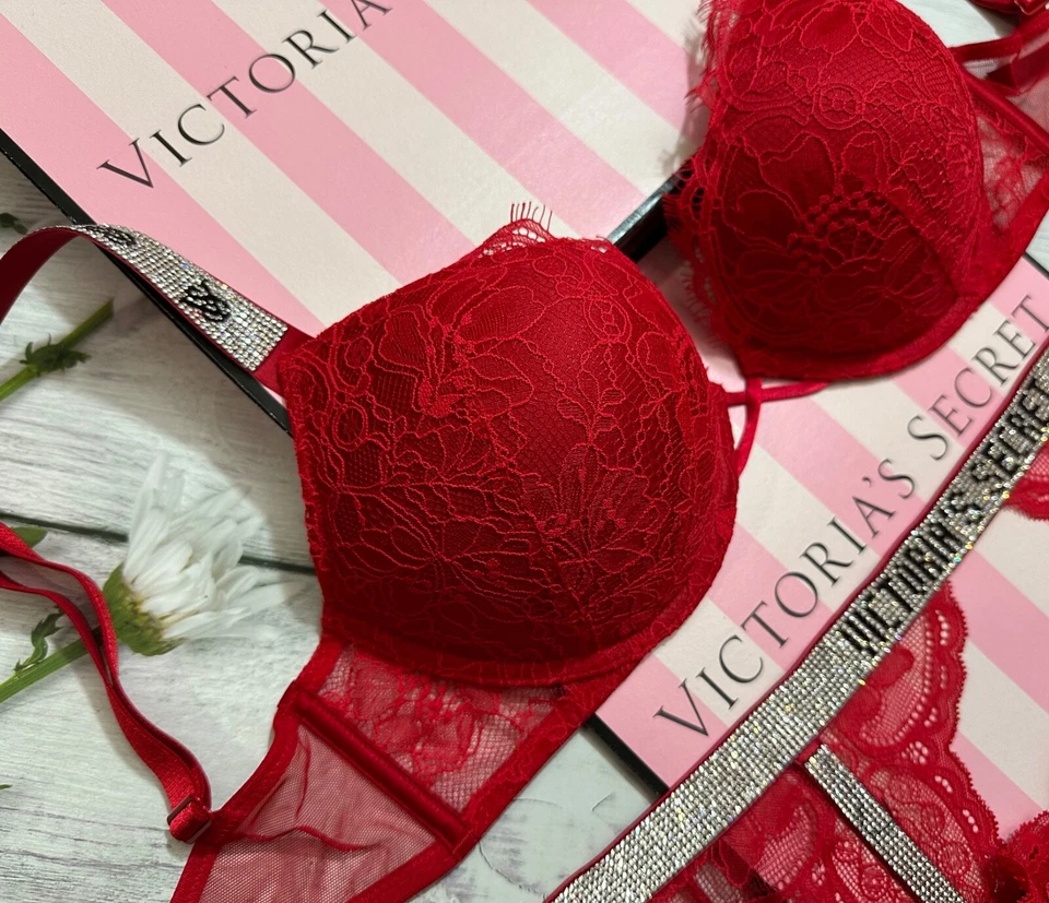 Victoria's Secret VS Shine Strap Bombshell Lace Push-Up Bra Thong Garter Set Red - Image 4 of 4