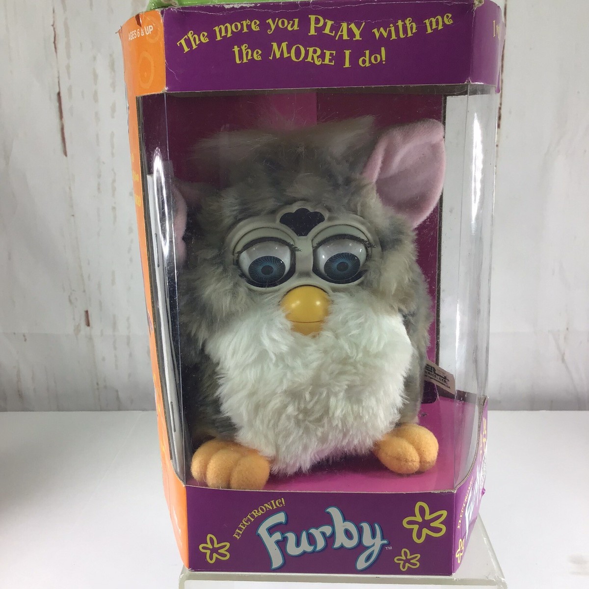 Furby 1998 Model 70-800 Grey Striped White Pink Ears and
