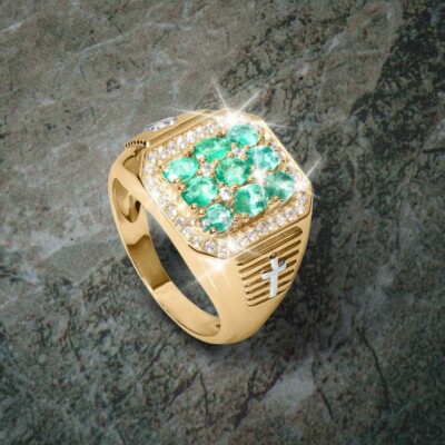 Lab Grown Emerald Gemstone with 14K Gold Plated Silver Ring For Men's AJ769