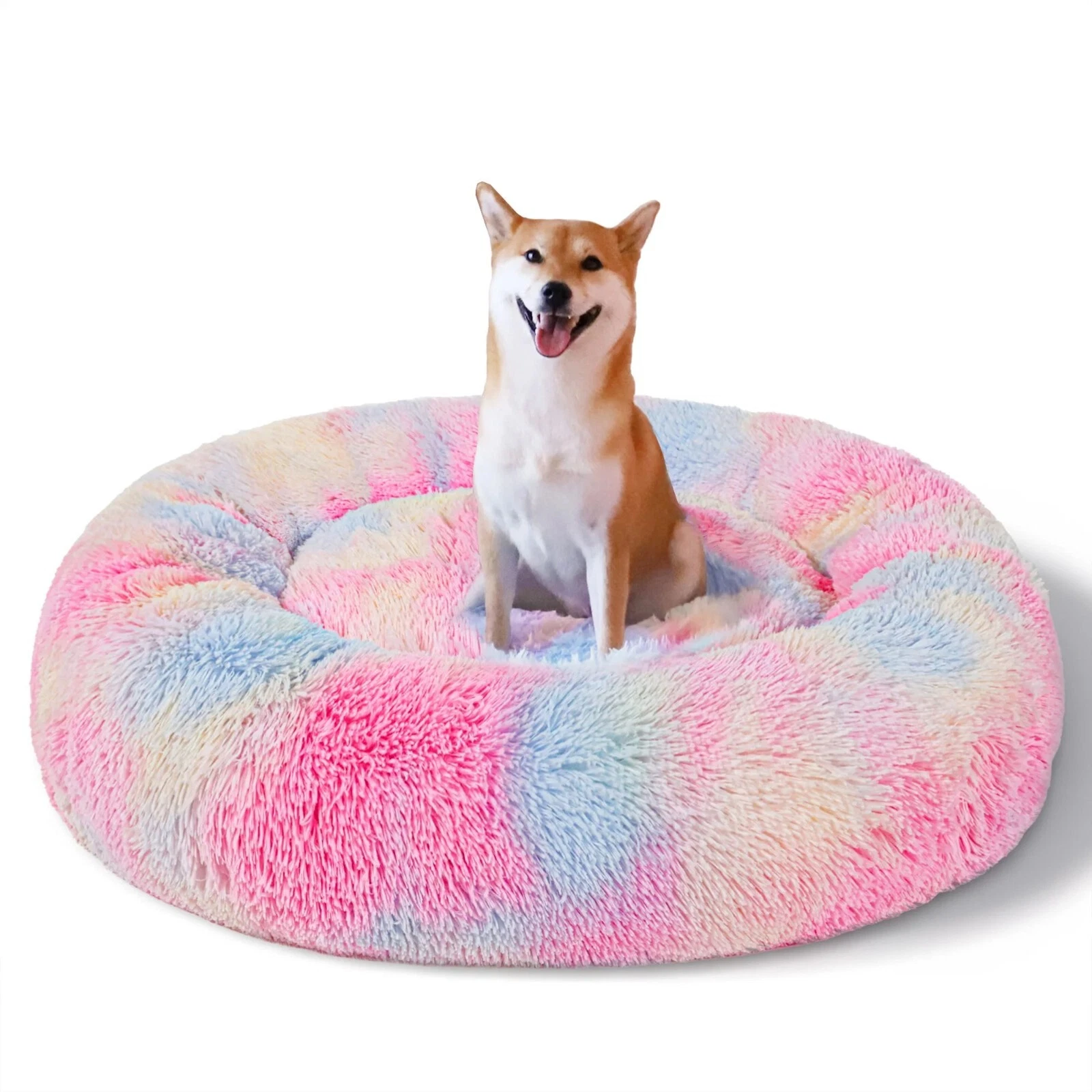 Exclusivo Mezcla Calming Donut Pet Bed Small Dogs 20" Anti-Anxiety Plush Rainbow