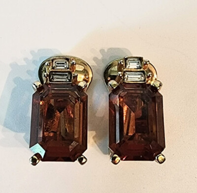 Vintage 60's Christian Dior Clip-On Earrings Crystal & Topaz Color Signed