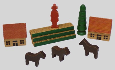 Erzgebirge Schneeberg 1980s Wooden Toys, Houses/Trees/Horses/Farmer 112124WT