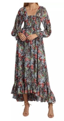 Cinq à Sept NWT Leigh Floral Print Ruffle Maxi Dress Size 4 Smocked Slit Sleeve