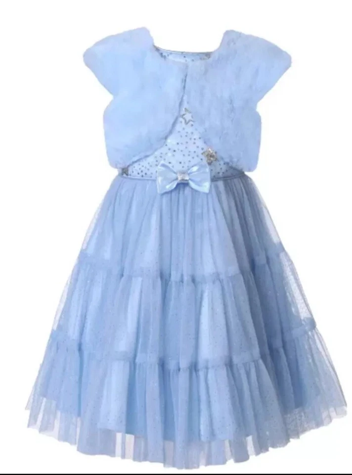 Vestido estrela lantejoulas cintilantes Jona Michelle meninas com jaqueta de pele azul tamanho 12 novo com etiquetas - Imagem 3 de 4