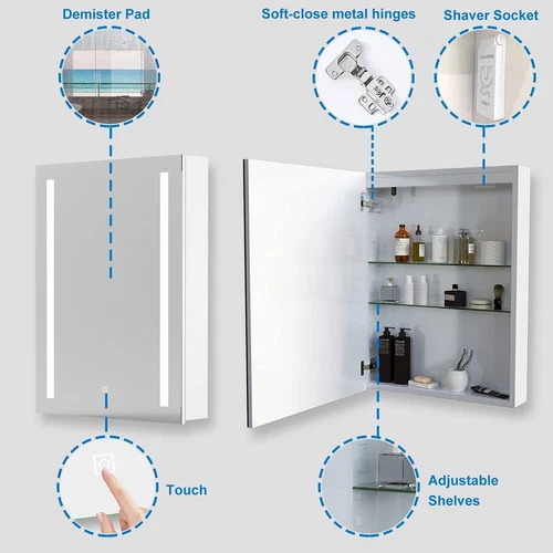 LED Bathroom Mirror Cabinet w/ Demister Lights Shaver Socket Demister Wall Mount - Picture 2 of 19