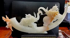 Kunlun jade tusk with two elephants a dragon with two birds 18"X9" X7"
