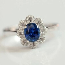 Women's Oval Lab Created Sapphire Flower Cocktail Engagement Ring 925 Silver