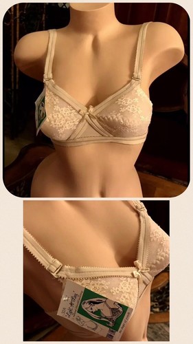 Vintage Bra Padded Lace Beige Nylon Spandex Nude Adjustable Straps 1970s NEW 32A - Picture 1 of 13