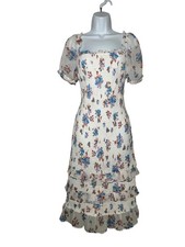 Abercrombie & Fitch White Floral Smocked Puff Sleeve Midi Dress- Medium Petite