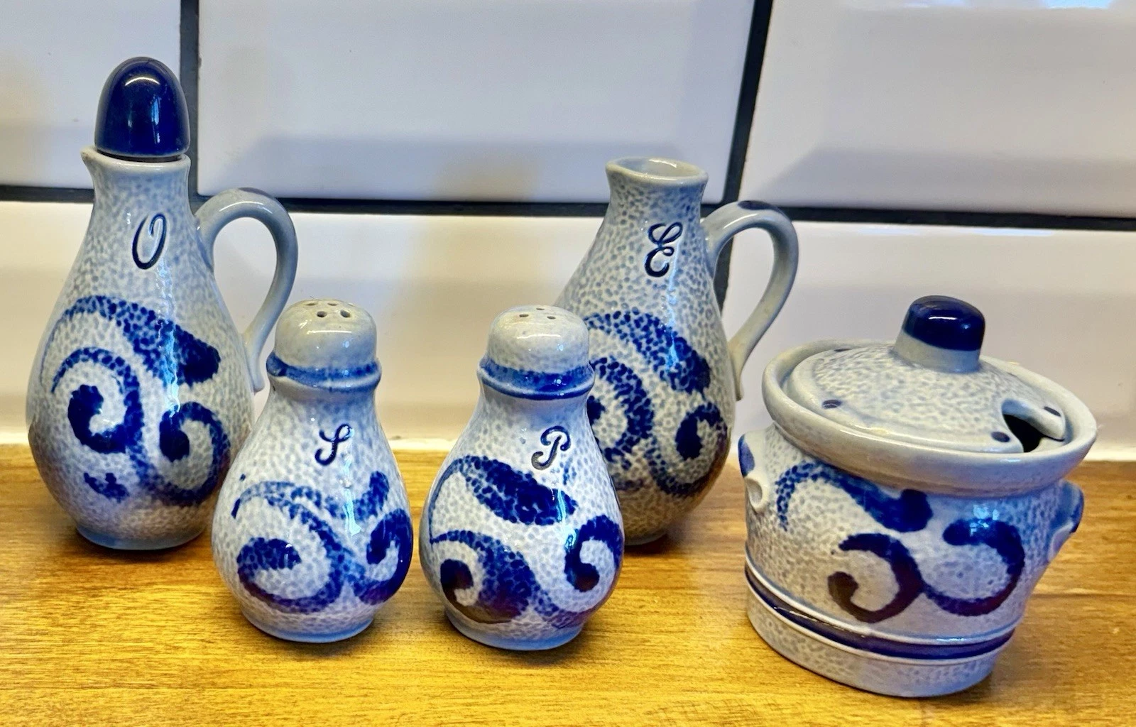 Vintage Marzi And Remy Oil And Vinegar, Mustard, Salt And Pepper Stoneware